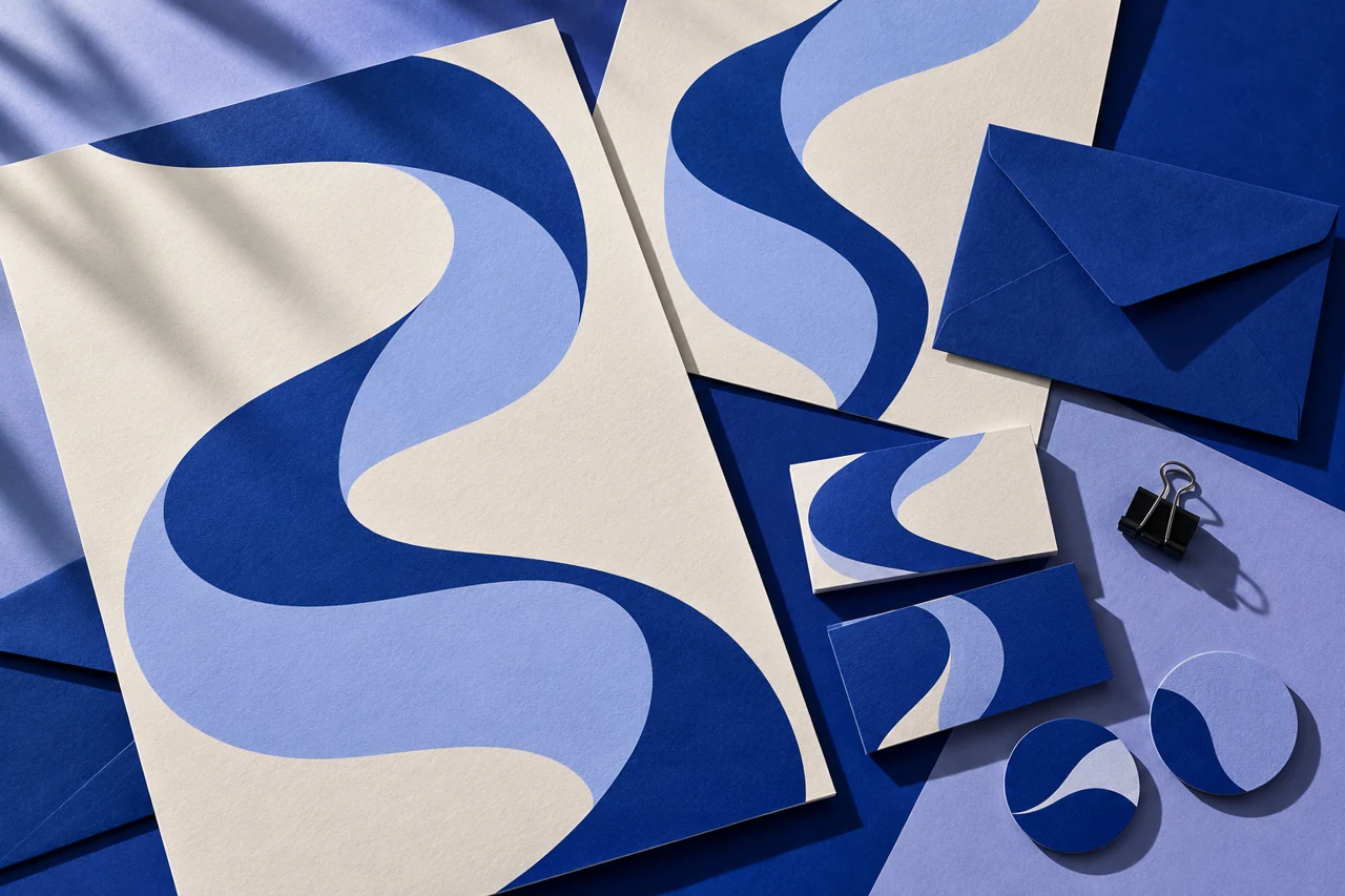 Estudo visual de papelaria com formas em azul e lavanda