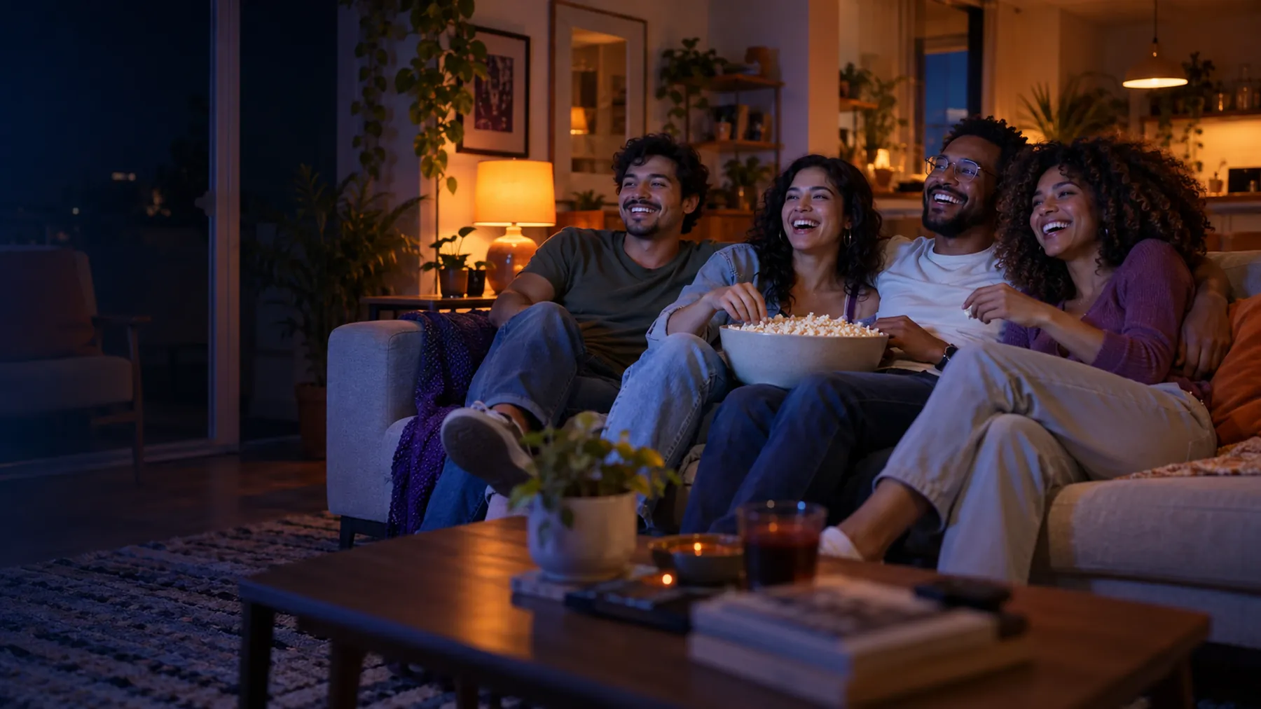 Amigos assistindo a um filme no sofá com pipoca