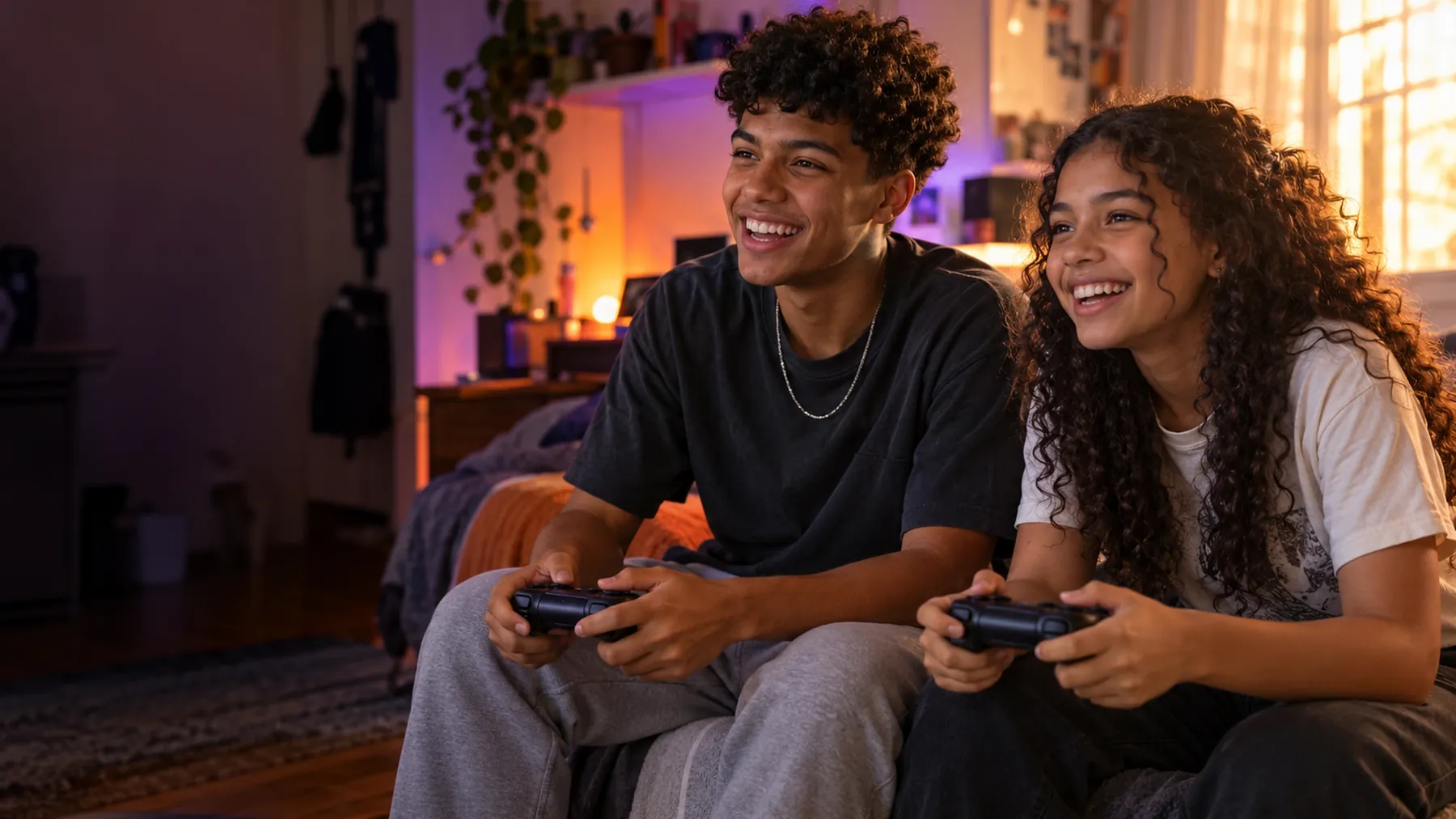 Dois jovens jogando videogame e sorrindo